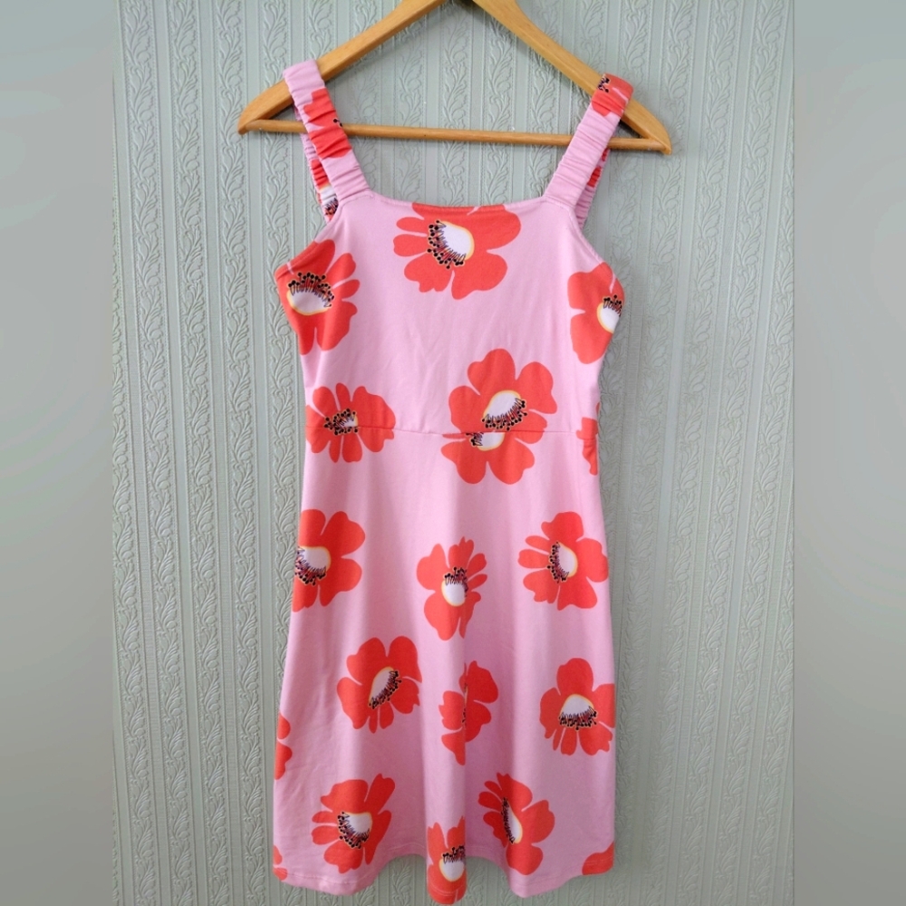 SO Pink Floral Sleeveless Dress Scrunched Straps Tropical Paradise